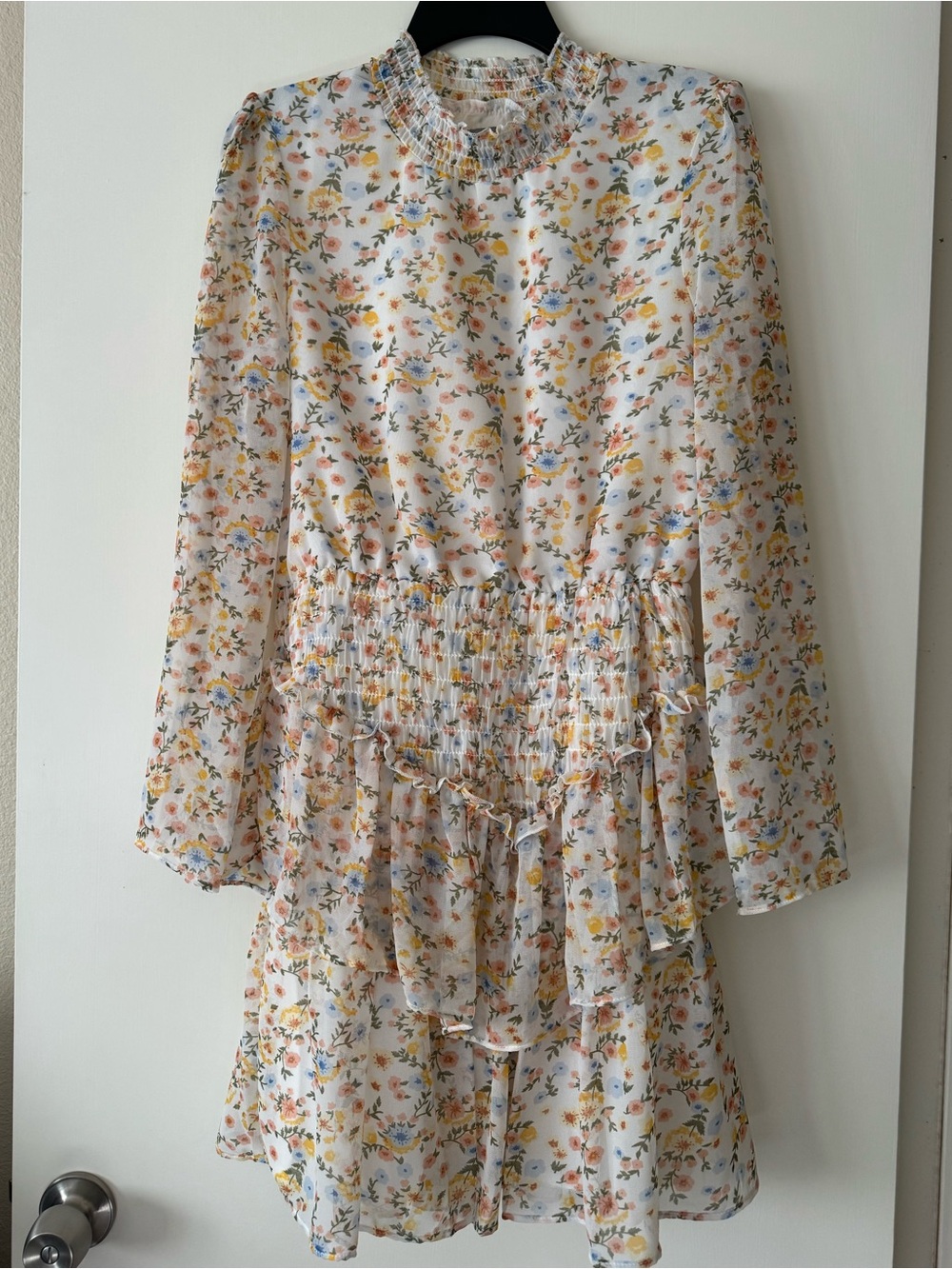 ASOS Floral Smocked Waist Long Sleeve Dress - White Multi